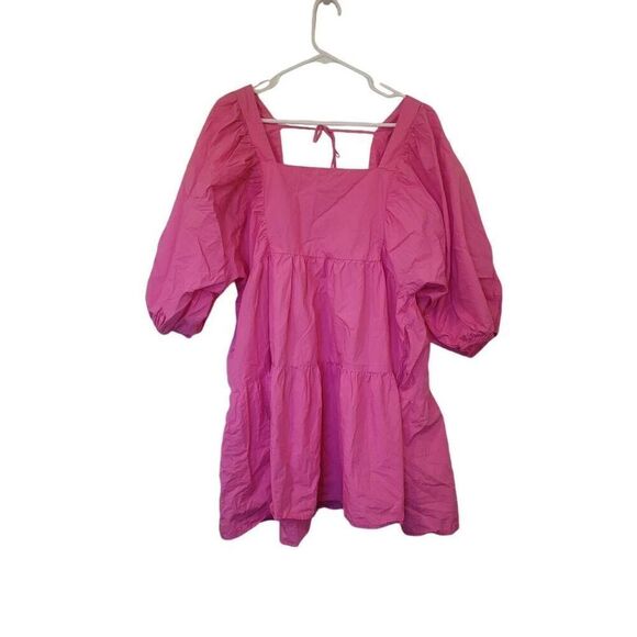 A New Day Women's Hot Pink Cotton Puff Sleeves Baby Doll Tiered Dress w Pockets - Picture 3 of 16